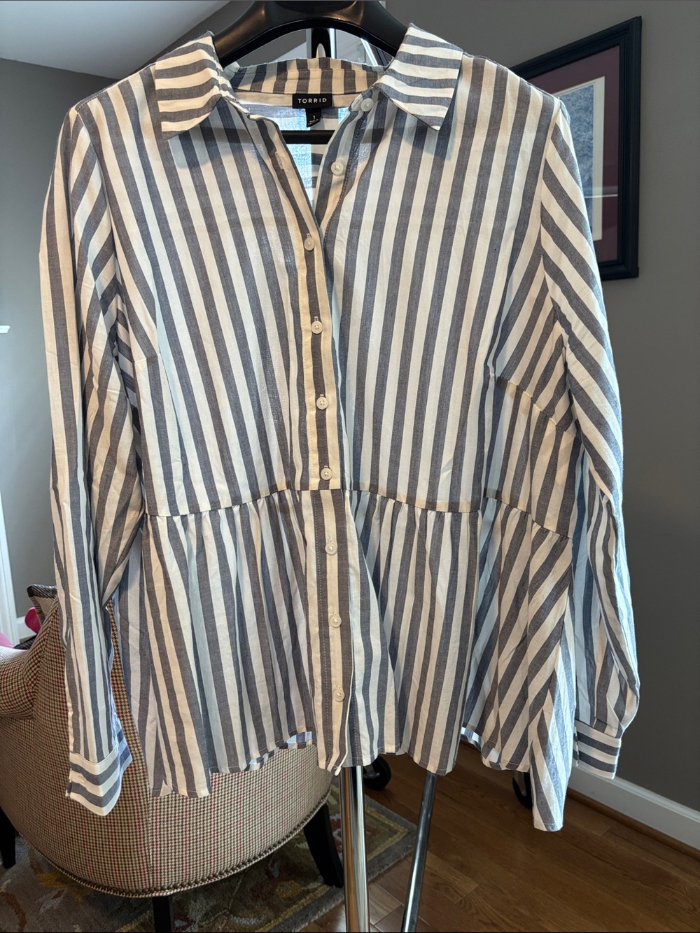 torrid Navy and White Vertical Stripe Peplum Button-Down Top